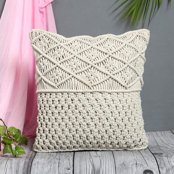 Macrame Sofa Cushion Cover in off white color by Kaahira