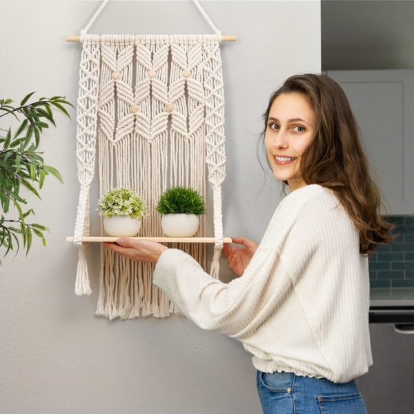 Handmade Macrame Wall Hanging Shelf Planter with Wooden Beads by Kaahira