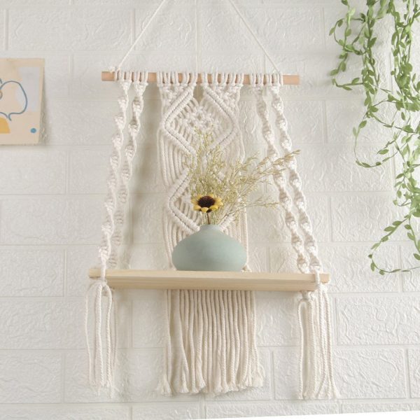 Handmade Macrame Wall Hanging Shelf Planter in Off White by Kaahira