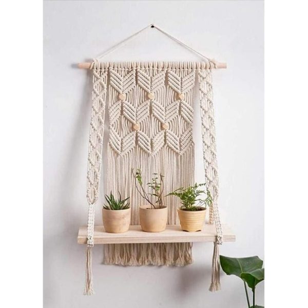 Handmade Macrame Wall Hanging Shelf Planter with Wooden Beads by Kaahira