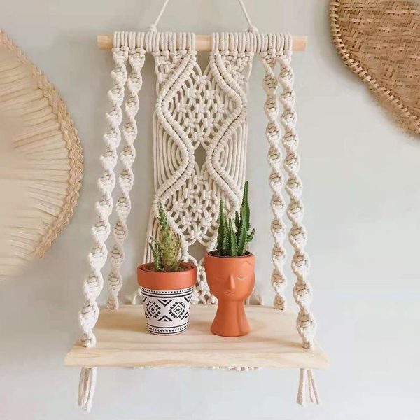 Handmade Macrame Wall Hanging Shelf Planter in Off White by Kaahira