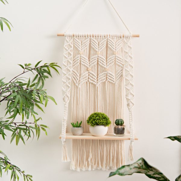 Handmade Macrame Wall Hanging Shelf Planter with Wooden Beads by Kaahira