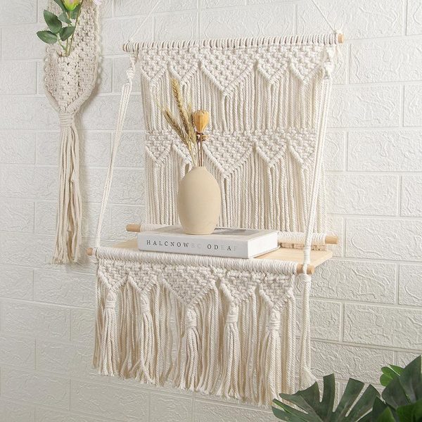 Macrame wall hanging with single shelf