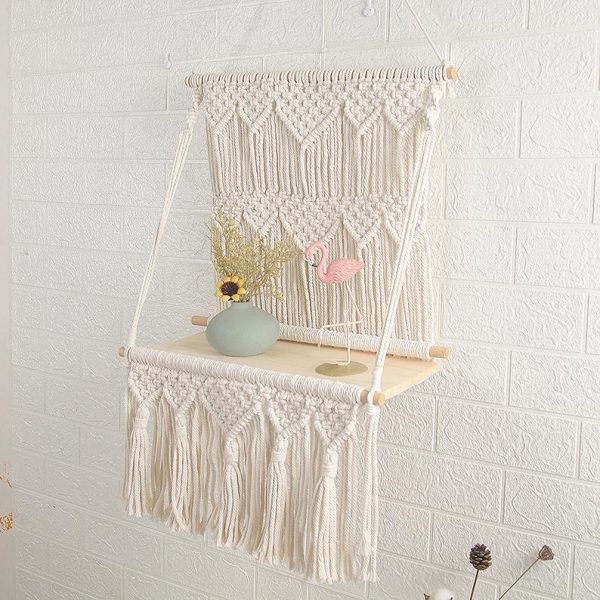 Macrame wall hanging with single shelf