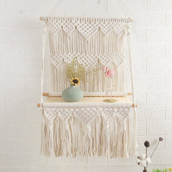 Macrame wall hanging with single shelf