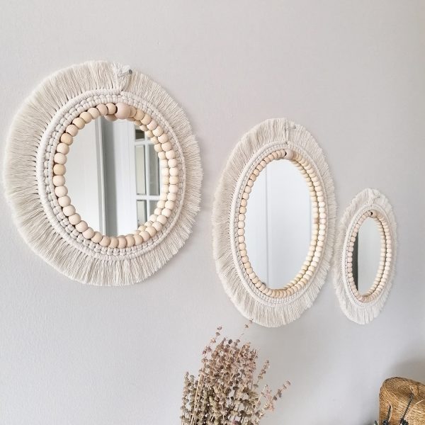 Set of 3 Boho Wall Decor Mirror with wooden beads by Kaahira