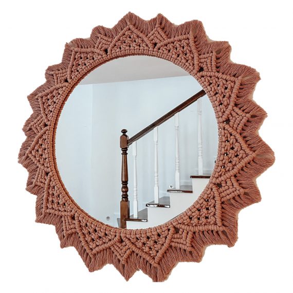 handmade macrame wall mirror in peach color