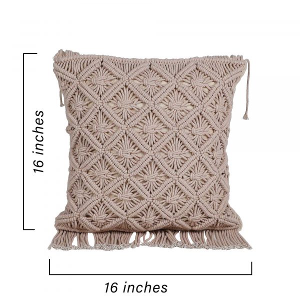 Color Cotton Macrame Cushion Cover by Kaahira - Beige