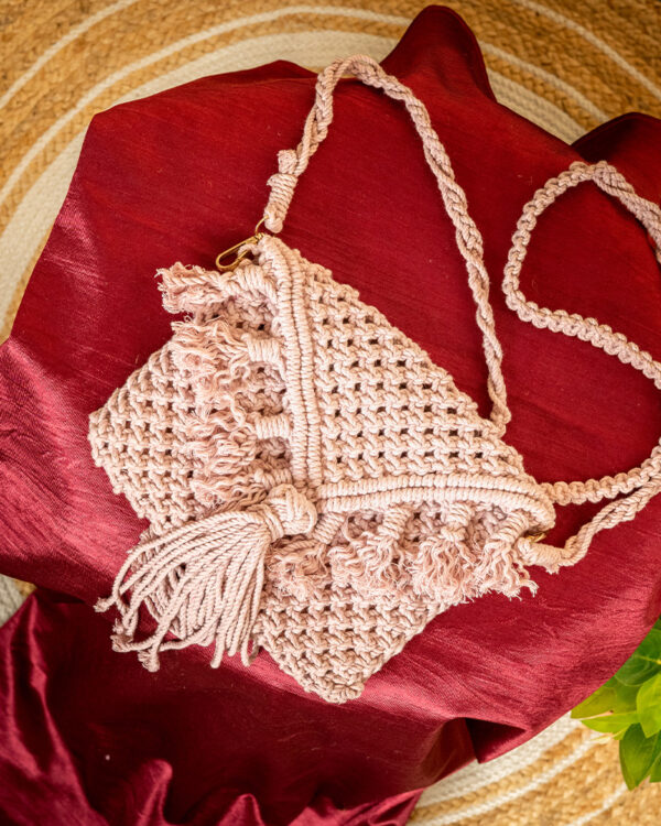 Handmade Macrame Cotton Sling Bag by Kaahira - Peach