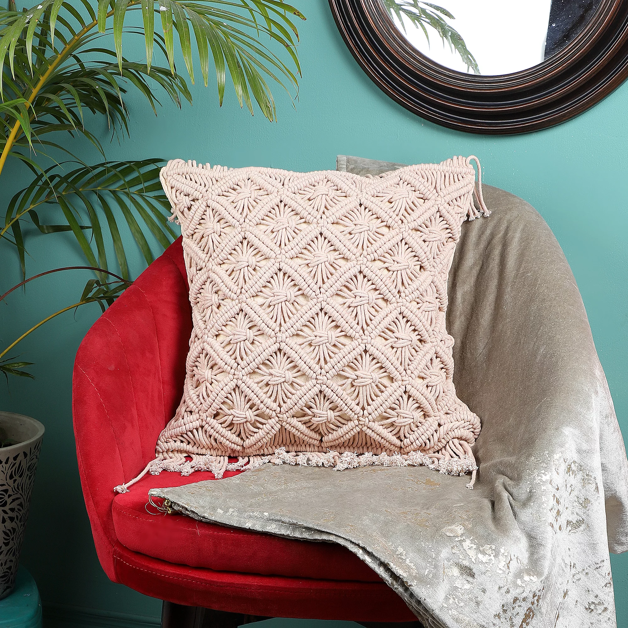 Color Cotton Macrame Cushion Cover by Kaahira Beige