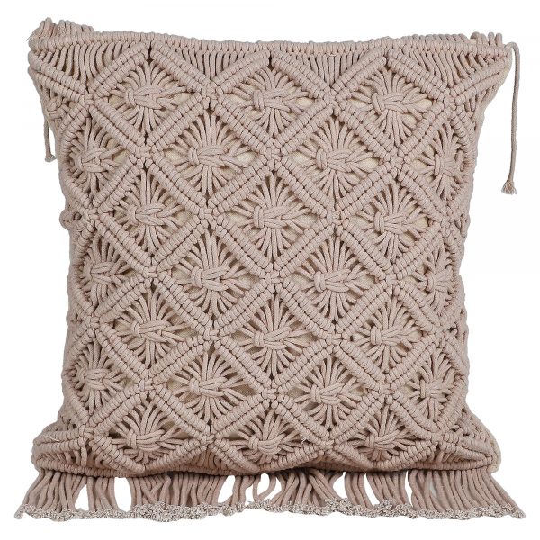 Color Cotton Macrame Cushion Cover by Kaahira - Beige