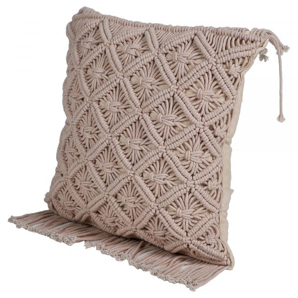 Color Cotton Macrame Cushion Cover by Kaahira - Beige