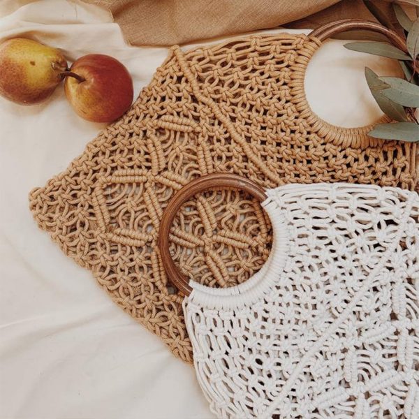 Handmade Macrame Cotton hand Bag with Wooden Handle by Kaahira