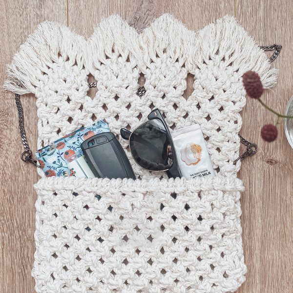 Handmade Macrame Cotton Sling bag with Chain by Kaahira - White