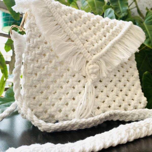 Handmade Macrame Cotton Sling bag by Kaahira - White