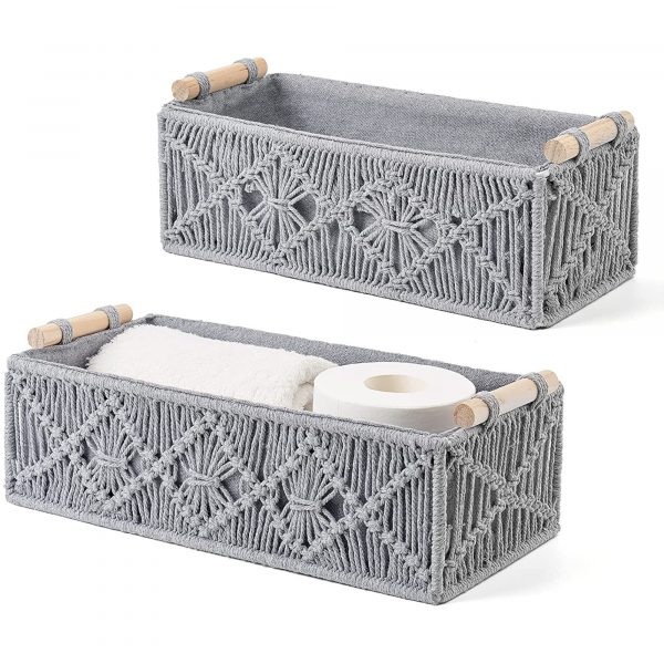 Handmade Set of 2 Macrame Storage Baskets by Kaahira - Grey