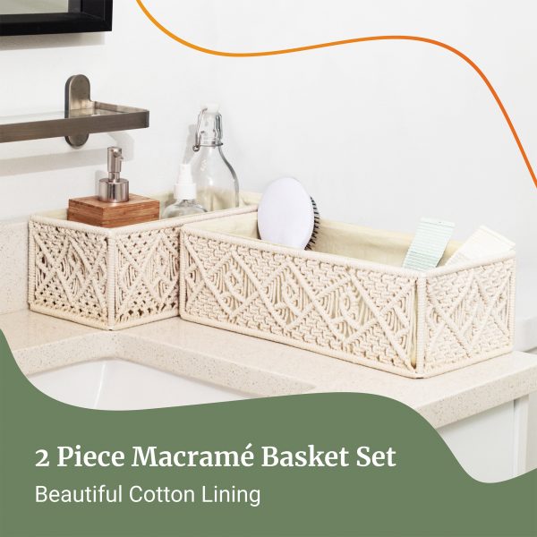 Luxurious Set of 2 Handmade Macrame Decorative Shelf Storage Baskets by Kaahira