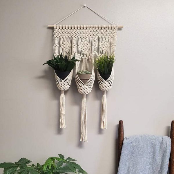 Macrame Plant Hanger for 3 Pots (Off White) 16x26 Inches