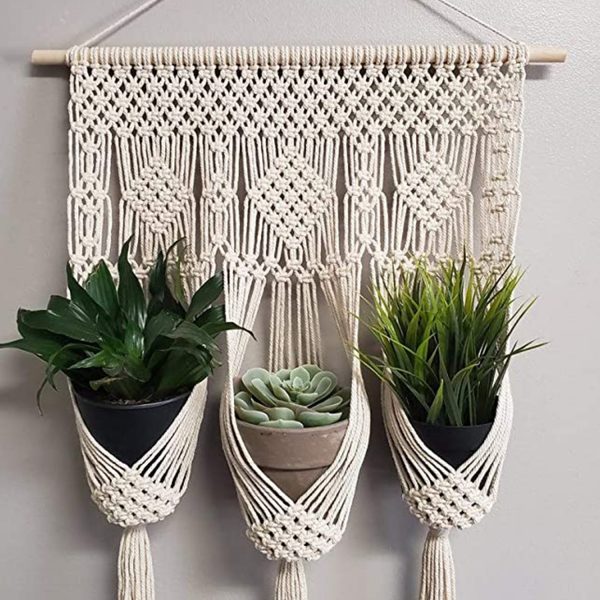 Macrame Plant Hanger for 3 Pots (Off White) 16x26 Inches