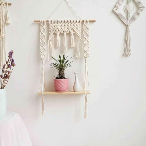 Macrame Boho Decor Wall Hanging Shelf by Kaahira (KM-WHS-N24) - 12x5 inches