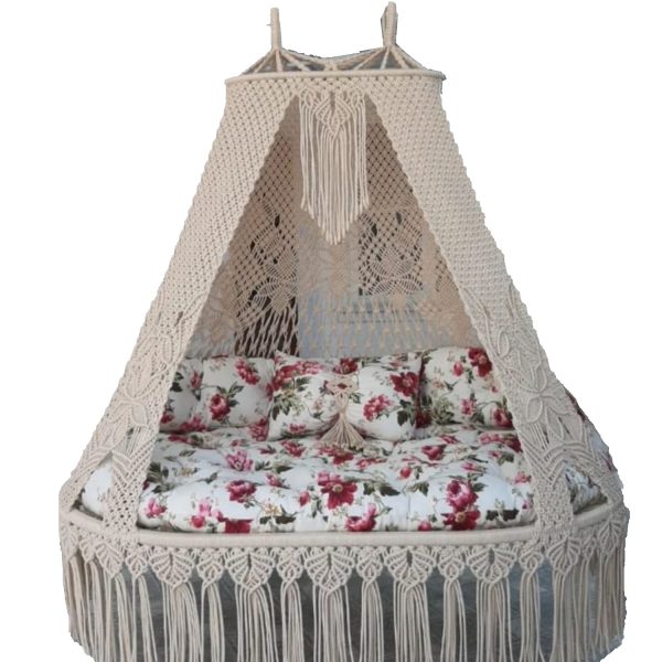 Macrame Swing Bed with Floral Pattern Mattress by Kaahira-Beige