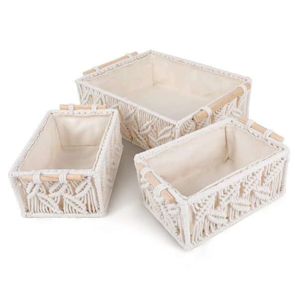 Kaahira Set of 3 Macrame Luxurious Gift Baskets with Wood Handles