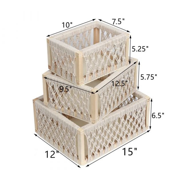 Kaahira Set of 3 Wooden Macrame Decorative Storage Baskets