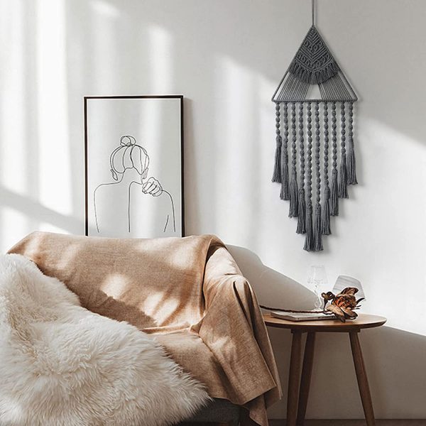 Modern Macrame Triangle Wall Hanging Tapestry in Grey