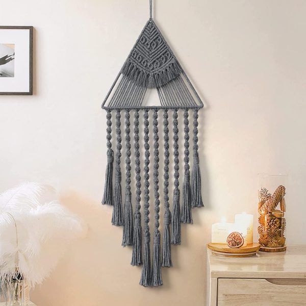 Modern Macrame Triangle Wall Hanging Tapestry in Grey