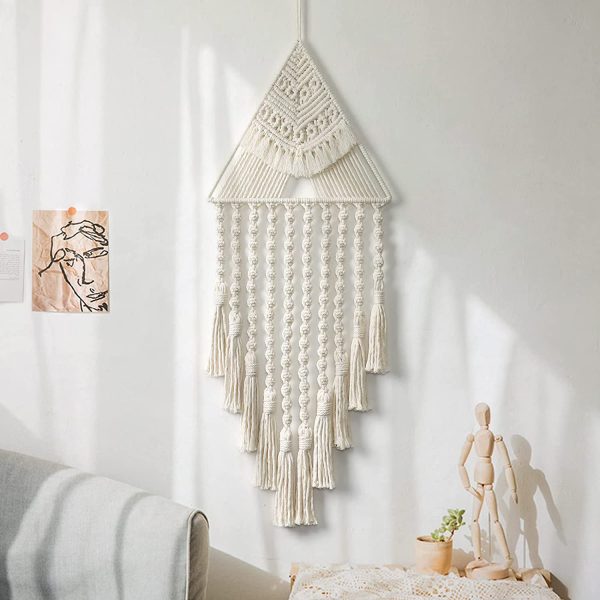 Modern Macrame Triangle Wall Hanging Tapestry in Off White