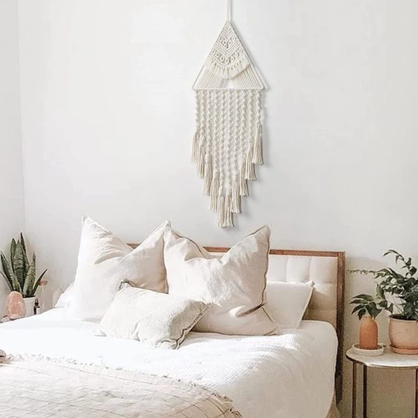 Modern Macrame Triangle Wall Hanging Tapestry in Off White