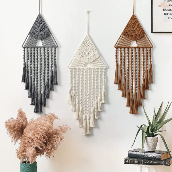 Modern Macrame Triangle Wall Hanging Tapestry in Off White