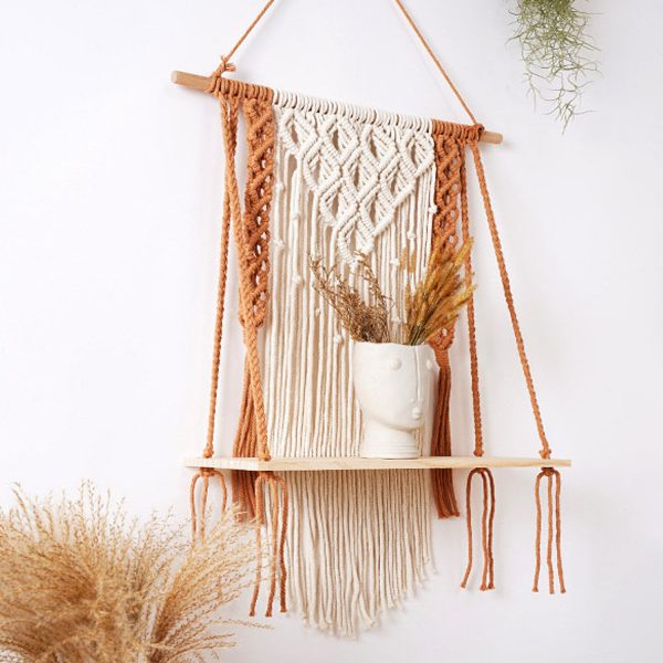 Macrame Boho Wall Shelf in Brick Red and Off White