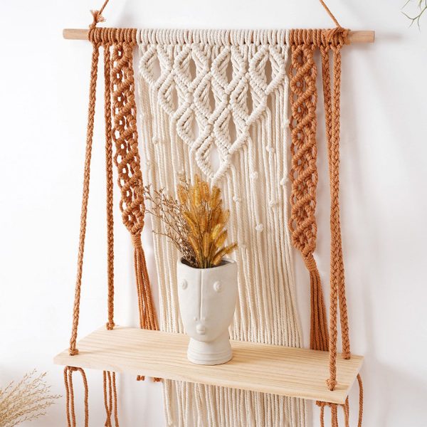 Macrame Boho Wall Shelf in Brick Red and Off White