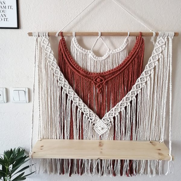 Beautiful Macrame Wall Hanging Shelf in White and Maroon