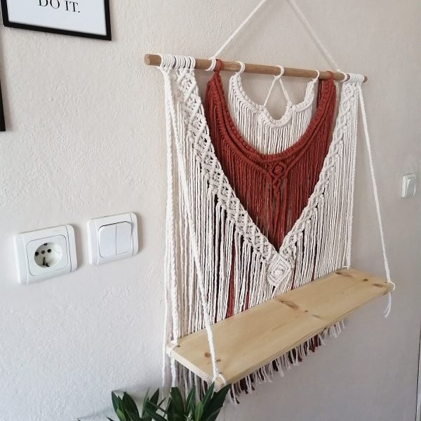 Beautiful Macrame Wall Hanging Shelf in White and Maroon