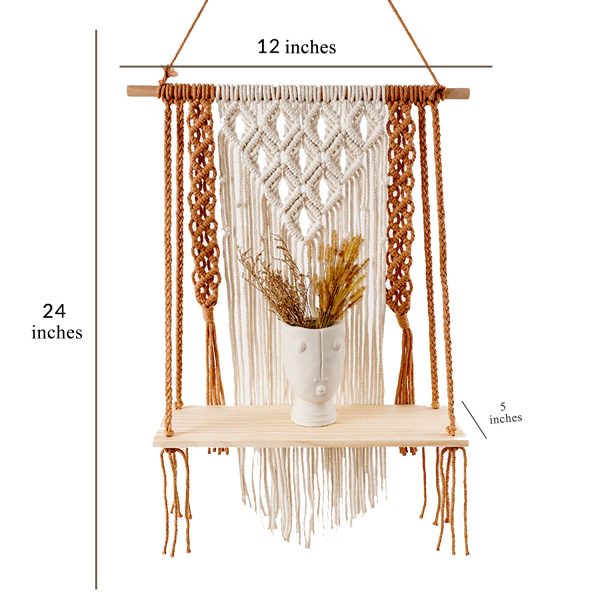 Macrame Boho Wall Shelf in Brick Red and Off White