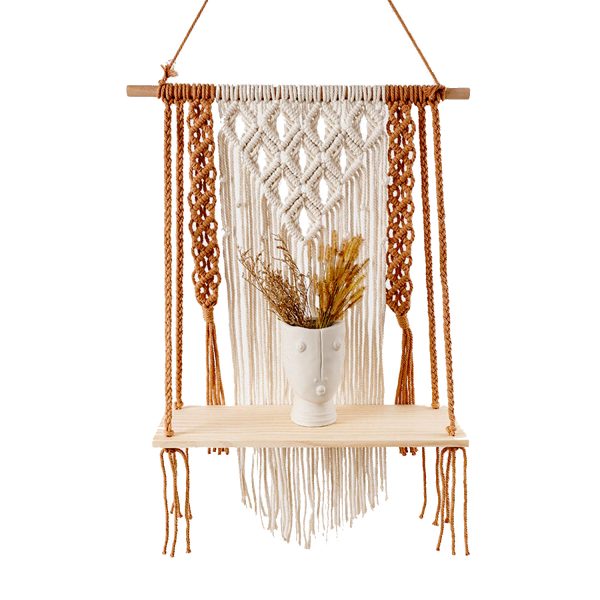 Macrame Boho Wall Shelf in Brick Red and Off White