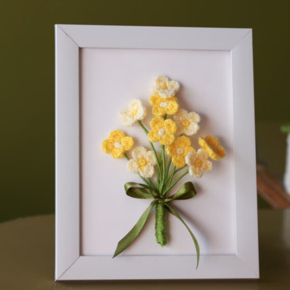 Handcrafted Crochet Flower Art – Yellow & Cream Bouquet in Frame