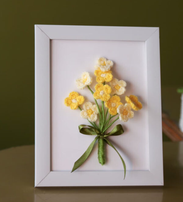 Handcrafted Crochet Flower Art – Yellow & Cream Bouquet in Frame