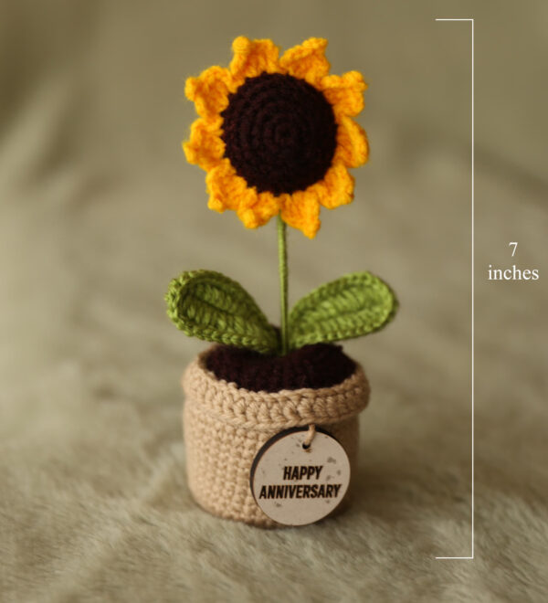 Handcrafted Crochet Sunflower in Pot – “Happy Anniversary”