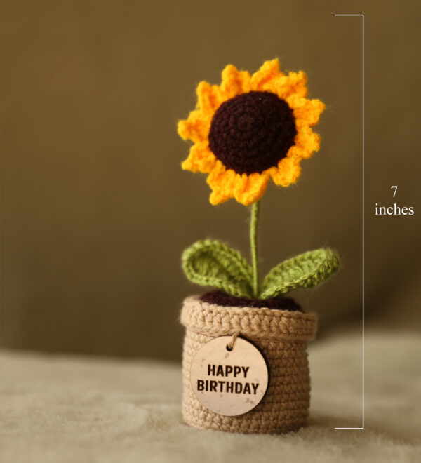 Handcrafted Crochet Sunflower in Pot – “Happy Birthday”