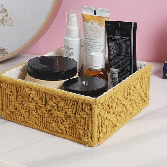 Kaahira Macrame Hamper Gift Basket – Handmade Boho Hamper for Festivals, Weddings, Baby Showers, Housewarming | Decorative Organizer for Storage & Gifting - Yellow