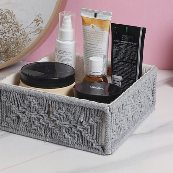 Kaahira Macrame Hamper Gift Basket – Handmade Boho Hamper for Festivals, Weddings, Baby Showers, Housewarming | Decorative Organizer for Storage & Gifting - Grey