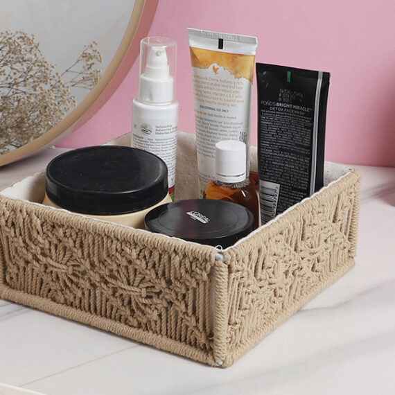Kaahira Macrame Hamper Gift Basket – Handmade Boho Hamper for Festivals, Weddings, Baby Showers, Housewarming | Decorative Organizer for Storage & Gifting - Beige