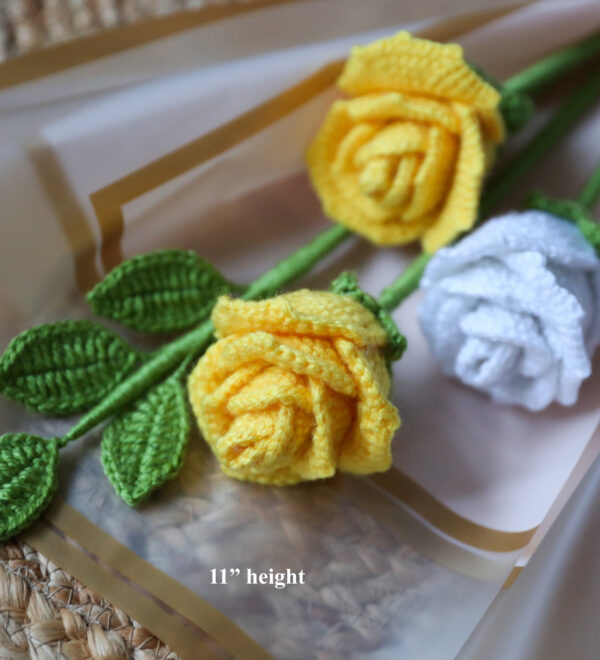 Handcrafted Crochet Rose Stems – Yellow & White (11” Height)
