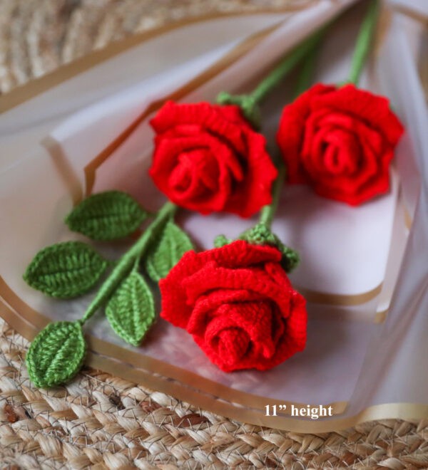 Handcrafted Crochet Rose Stems – Classic Red