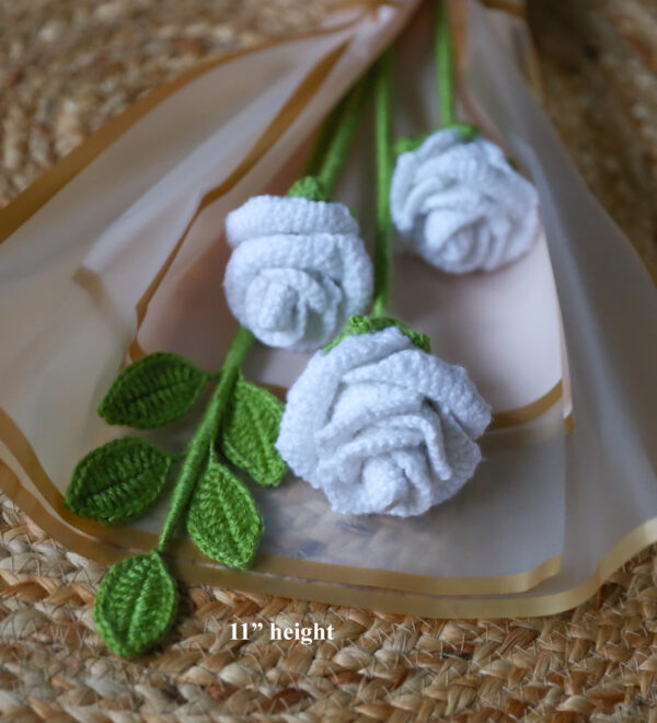 Handcrafted Crochet Rose Stems – Elegant White