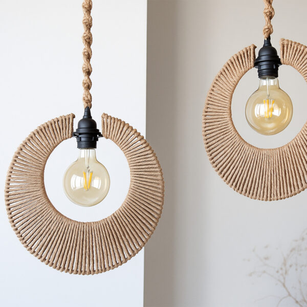 Crescent Ring Cotton Rope Pendant Lamp – Handwoven Hanging Light