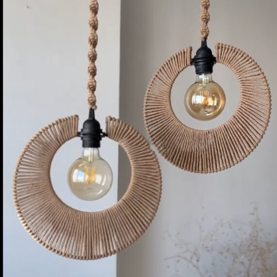Crescent Ring Cotton Rope Pendant Lamp – Handwoven Hanging Light